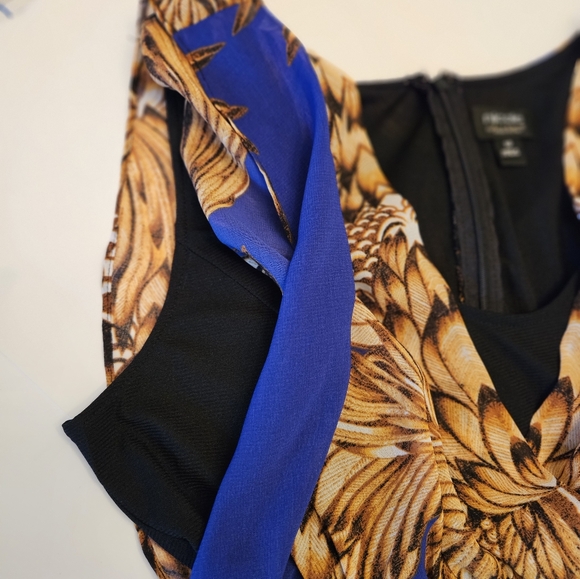 Nicole Miller size 10 black bodycon, scarfprint blue/ gold top dress. - Picture 7 of 9